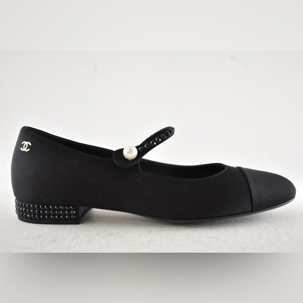Chanel 24B Black Silk Crystal CC Logo Mary Jane Strap Ballerina Ballet Flat 38.5 - Picture 2 of 15